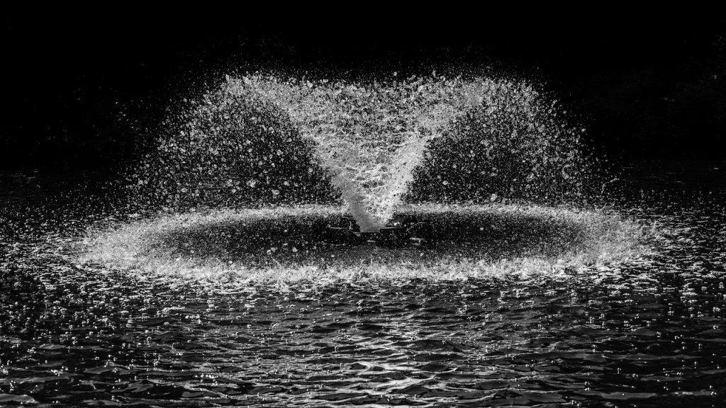 fountain, splash, water, drop, scatter, nature, burst, pond, water droplets, monochrome, black and white