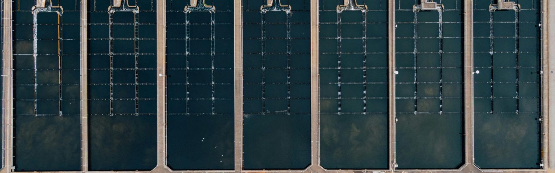 Top view of pisciculture complex with rectangular shaped tanks full of water between straight walkways in daylight